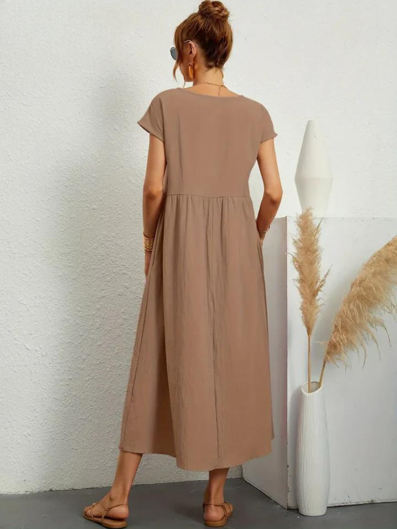 Delilah – Cotton Midi Dress with Cap Sleeves and Gathered Waist