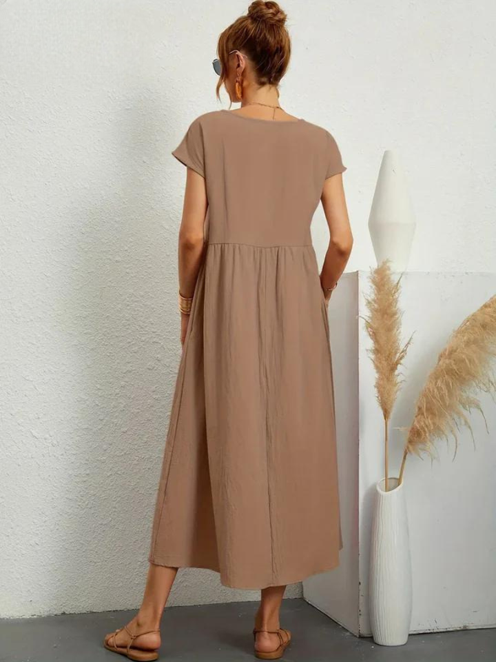 Delilah – Cotton Midi Dress with Cap Sleeves and Gathered Waist