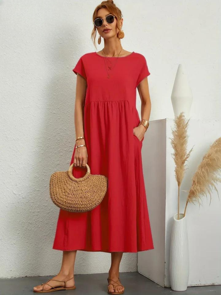 Delilah – Cotton Midi Dress with Cap Sleeves and Gathered Waist