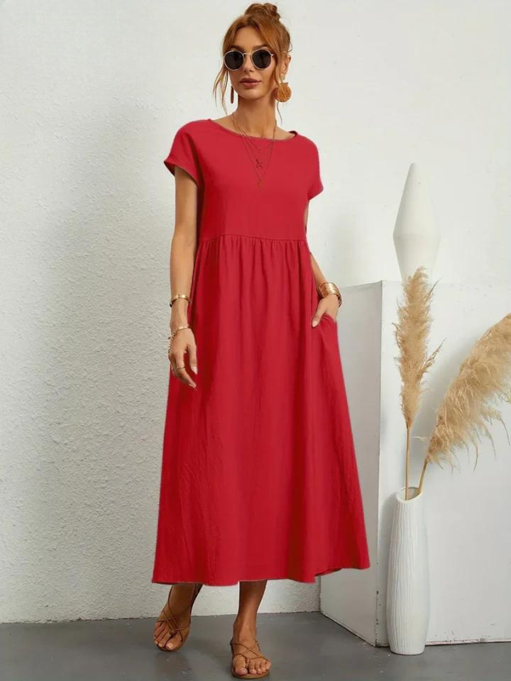 Delilah – Cotton Midi Dress with Cap Sleeves and Gathered Waist