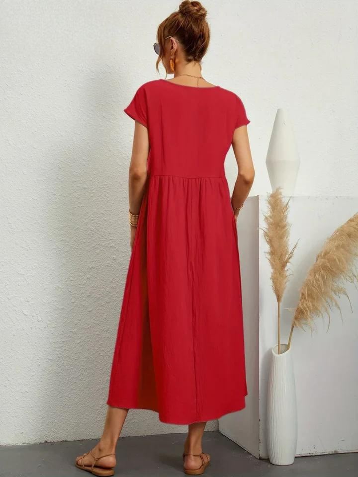 Delilah – Cotton Midi Dress with Cap Sleeves and Gathered Waist