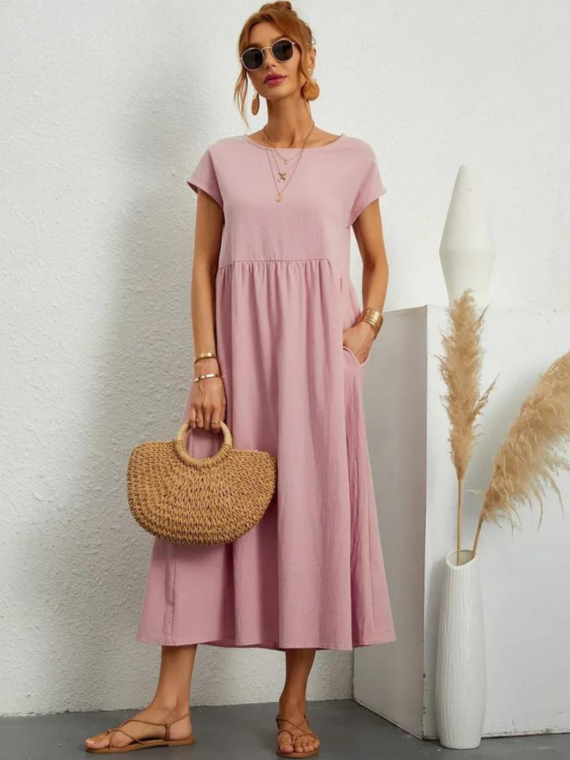 Delilah – Cotton Midi Dress with Cap Sleeves and Gathered Waist