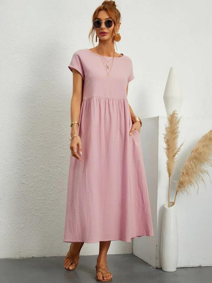 Delilah – Cotton Midi Dress with Cap Sleeves and Gathered Waist