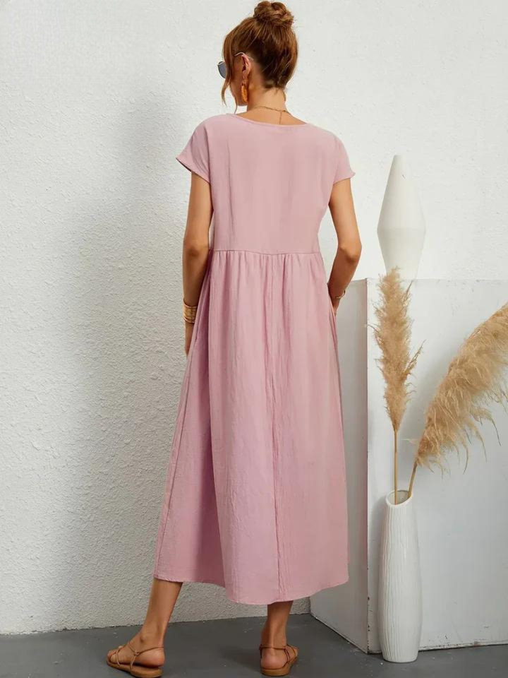 Delilah – Cotton Midi Dress with Cap Sleeves and Gathered Waist