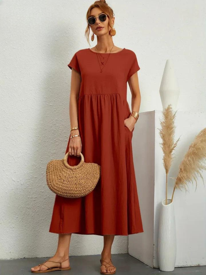 Delilah – Cotton Midi Dress with Cap Sleeves and Gathered Waist