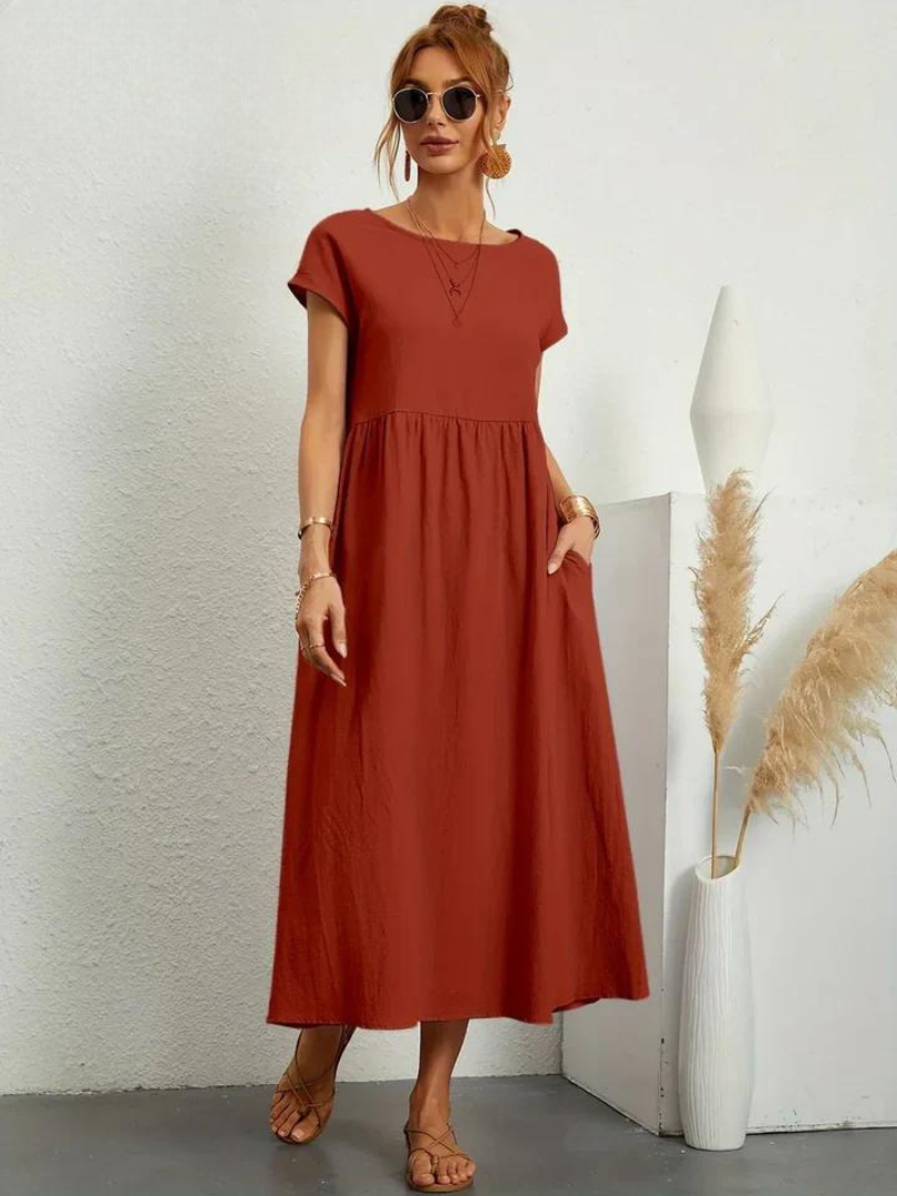 Delilah – Cotton Midi Dress with Cap Sleeves and Gathered Waist