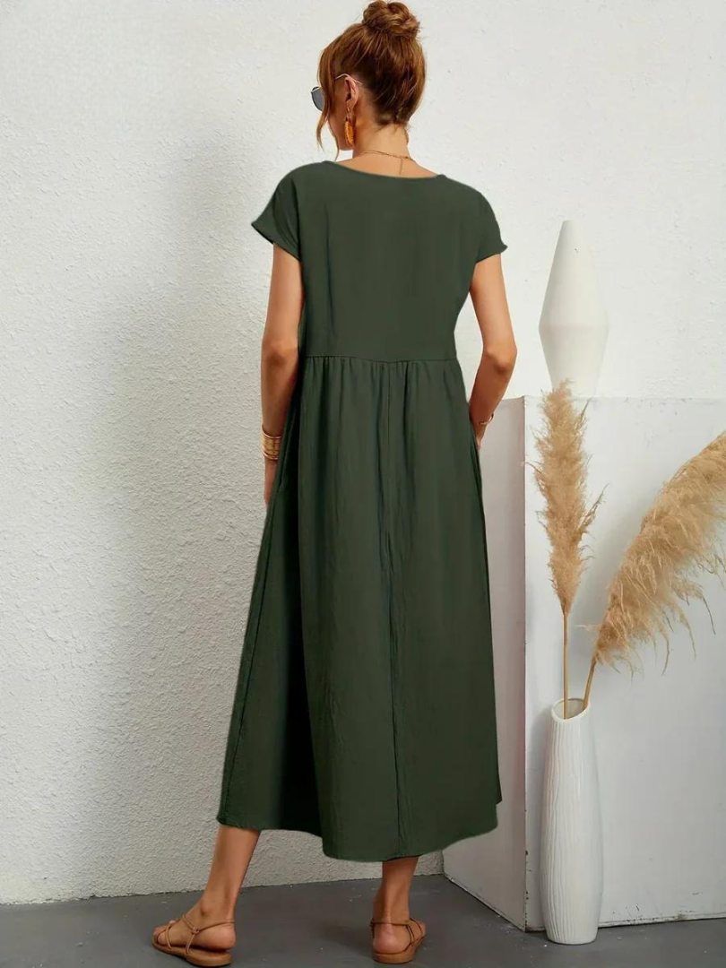 Delilah – Cotton Midi Dress with Cap Sleeves and Gathered Waist