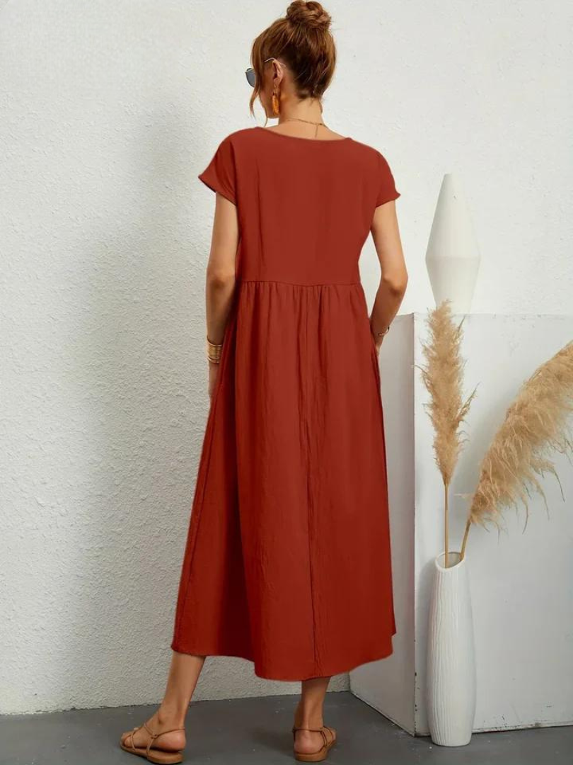 Delilah – Cotton Midi Dress with Cap Sleeves and Gathered Waist