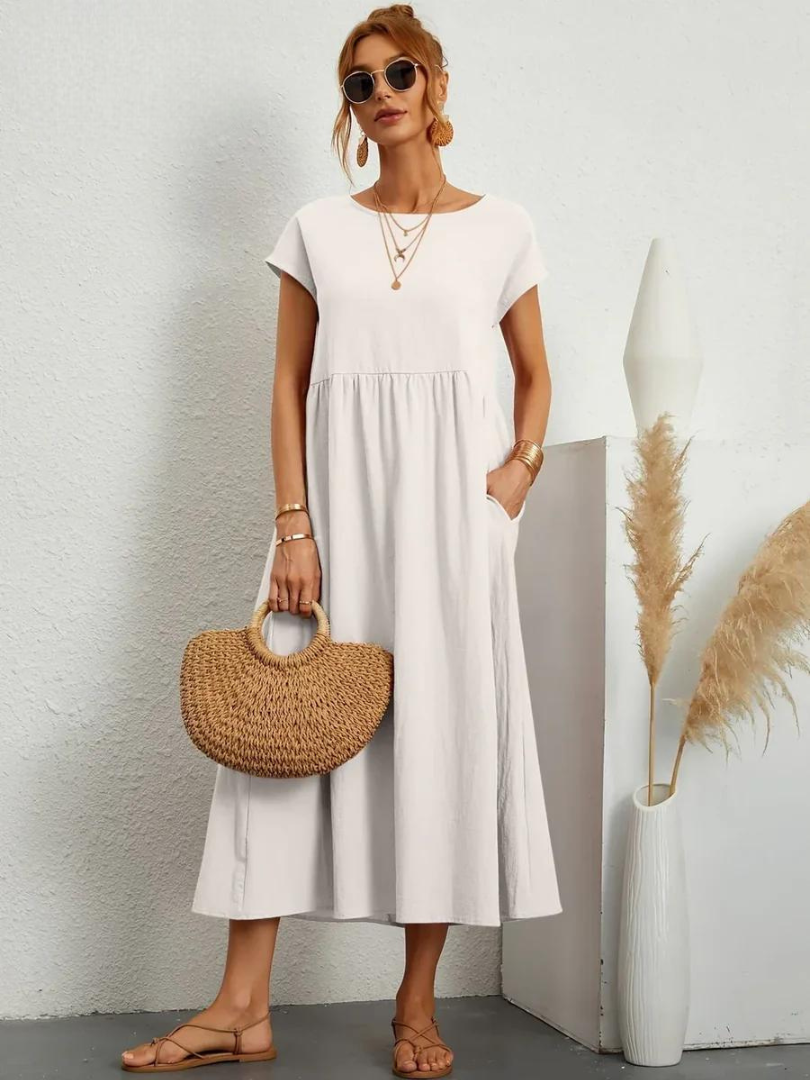 Delilah – Cotton Midi Dress with Cap Sleeves and Gathered Waist
