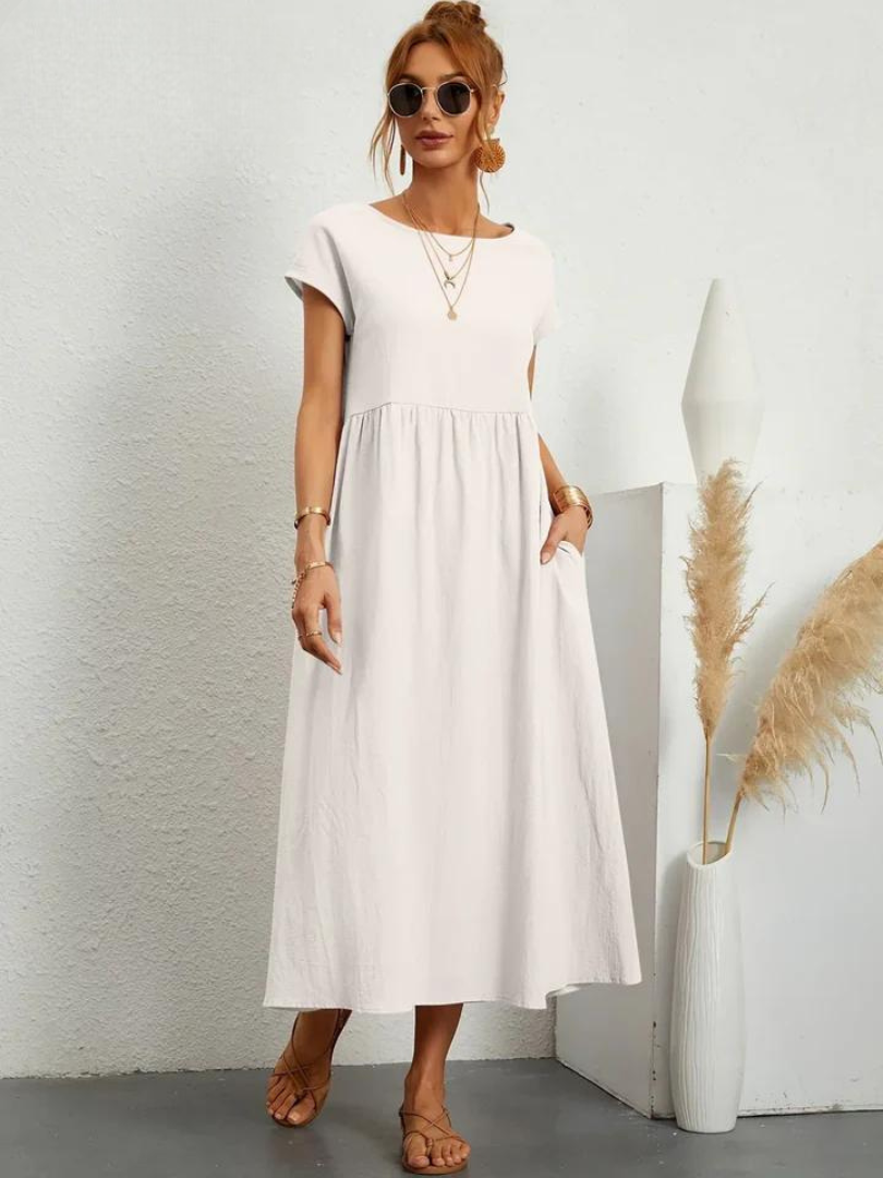 Delilah – Cotton Midi Dress with Cap Sleeves and Gathered Waist
