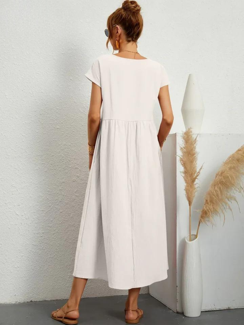 Delilah – Cotton Midi Dress with Cap Sleeves and Gathered Waist