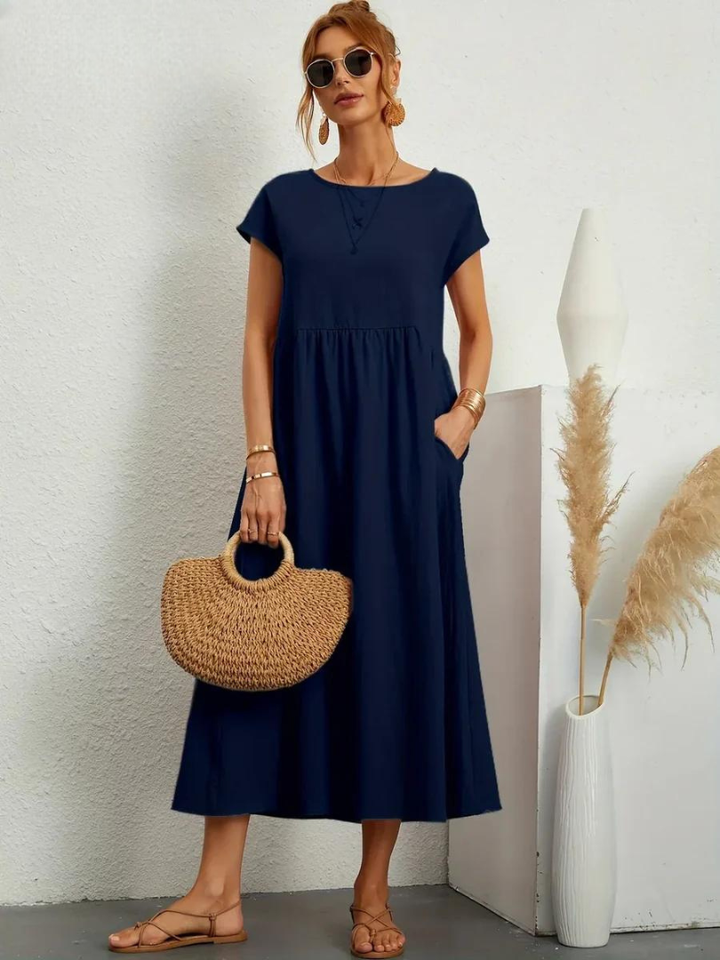 Delilah – Cotton Midi Dress with Cap Sleeves and Gathered Waist