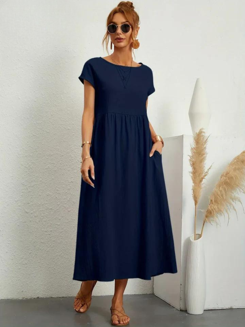 Delilah – Cotton Midi Dress with Cap Sleeves and Gathered Waist