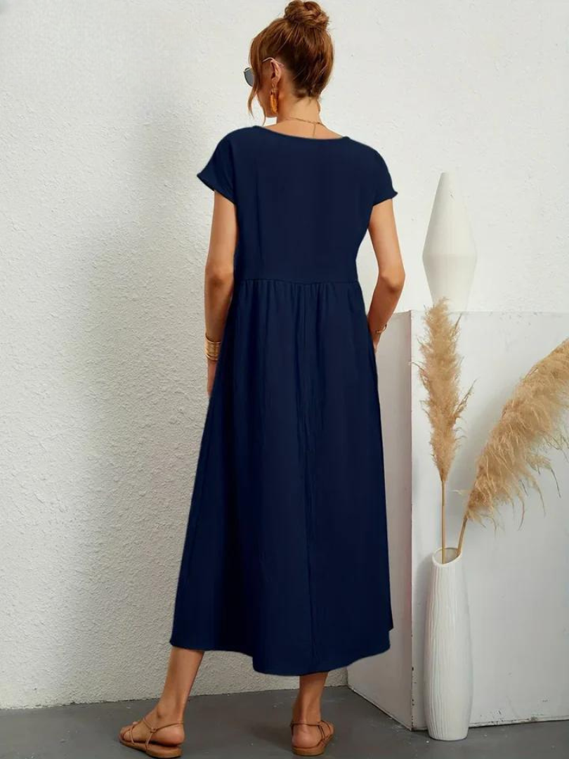 Delilah – Cotton Midi Dress with Cap Sleeves and Gathered Waist