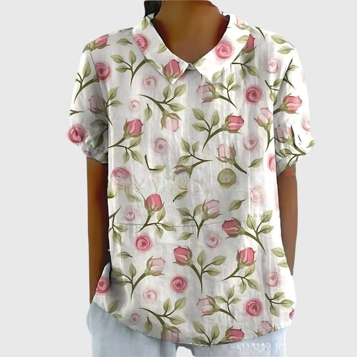 Demi – Linen Floral Collared Short Sleeve Blouse