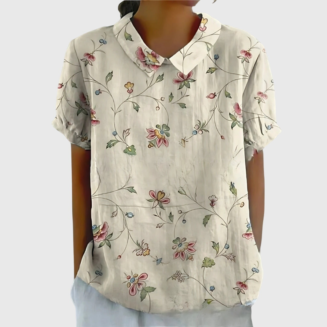 Demi – Linen Floral Collared Short Sleeve Blouse