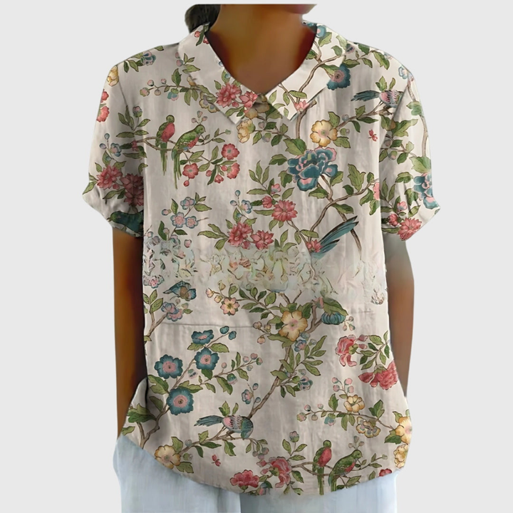 Demi – Linen Floral Collared Short Sleeve Blouse