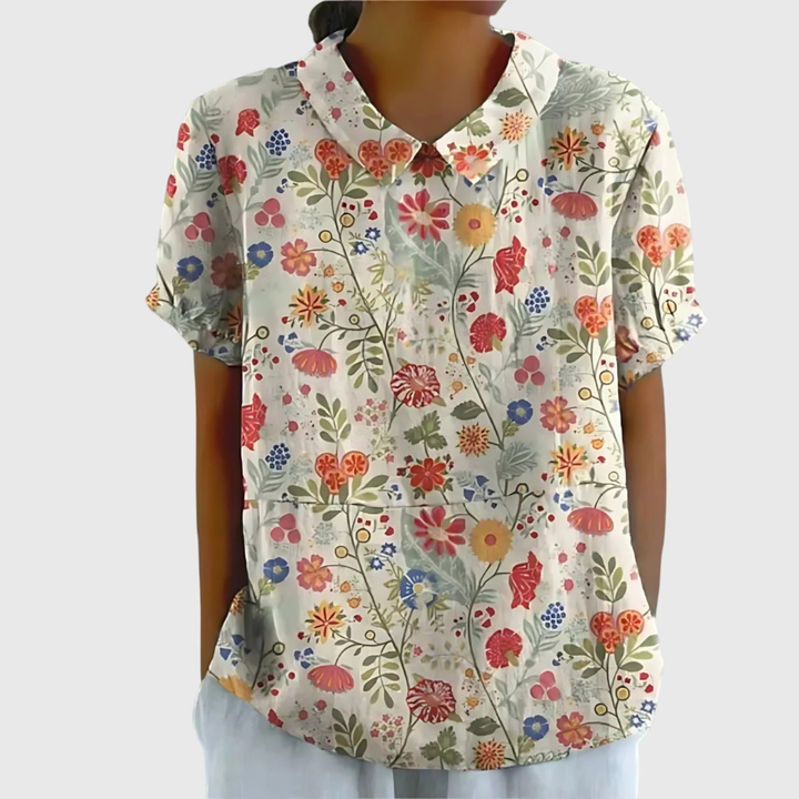 Demi – Linen Floral Collared Short Sleeve Blouse