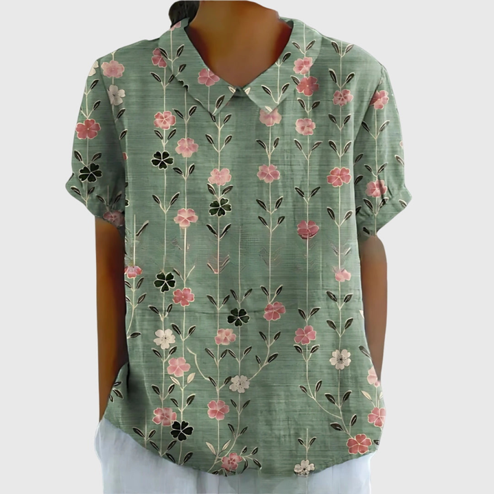 Demi – Linen Floral Collared Short Sleeve Blouse