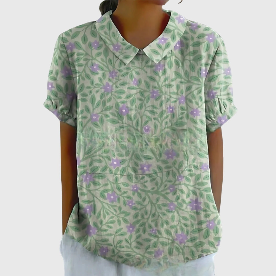 Demi – Linen Floral Collared Short Sleeve Blouse