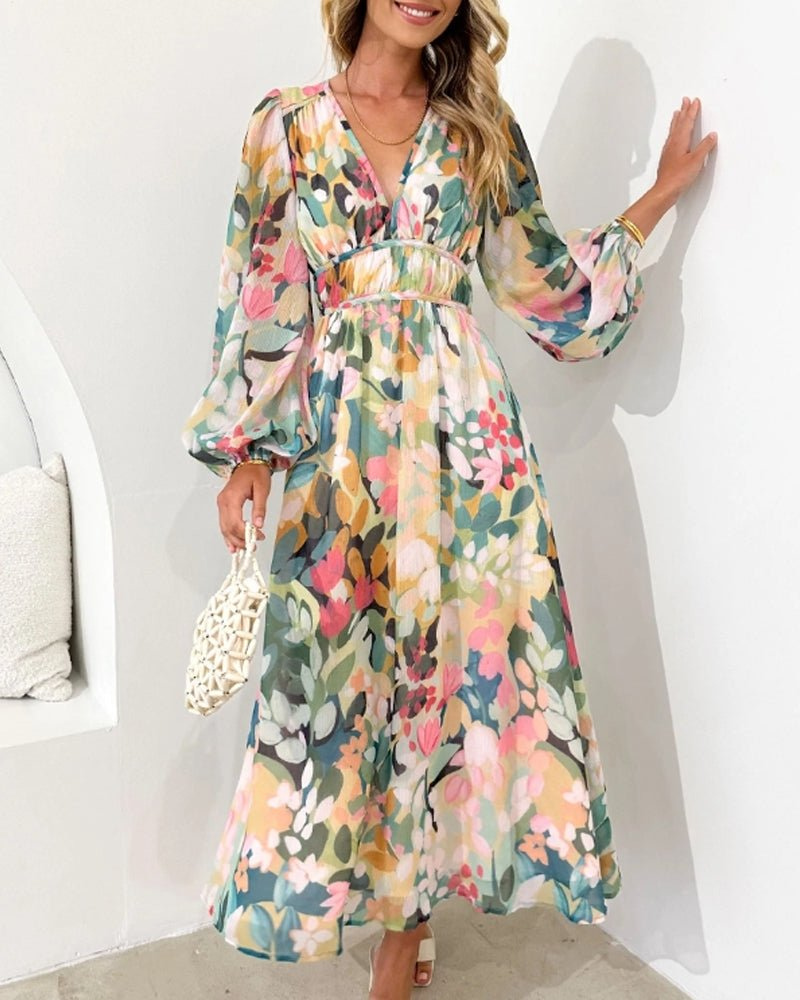 Isla – Floral Chiffon Puff Sleeve Midi Dress