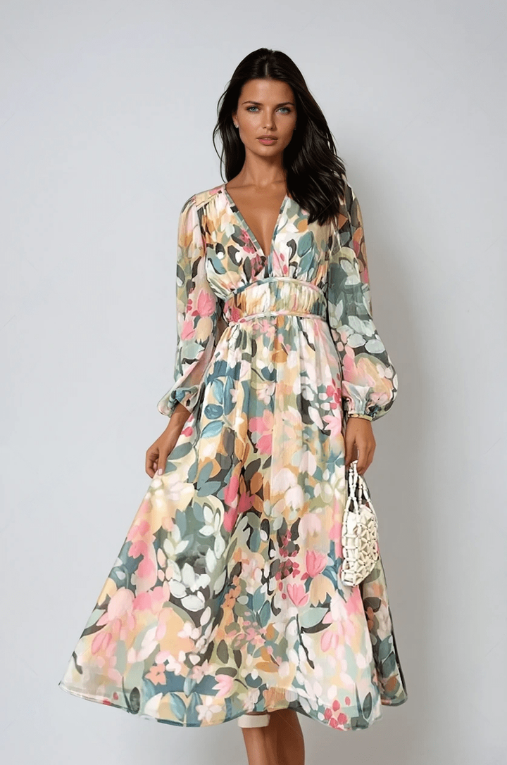 Isla – Floral Chiffon Puff Sleeve Midi Dress