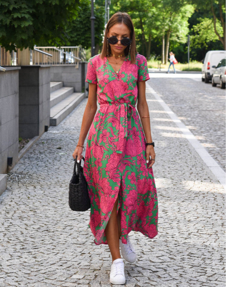 Clara – Cotton Floral Wrap Midi Dress with Tie Waist