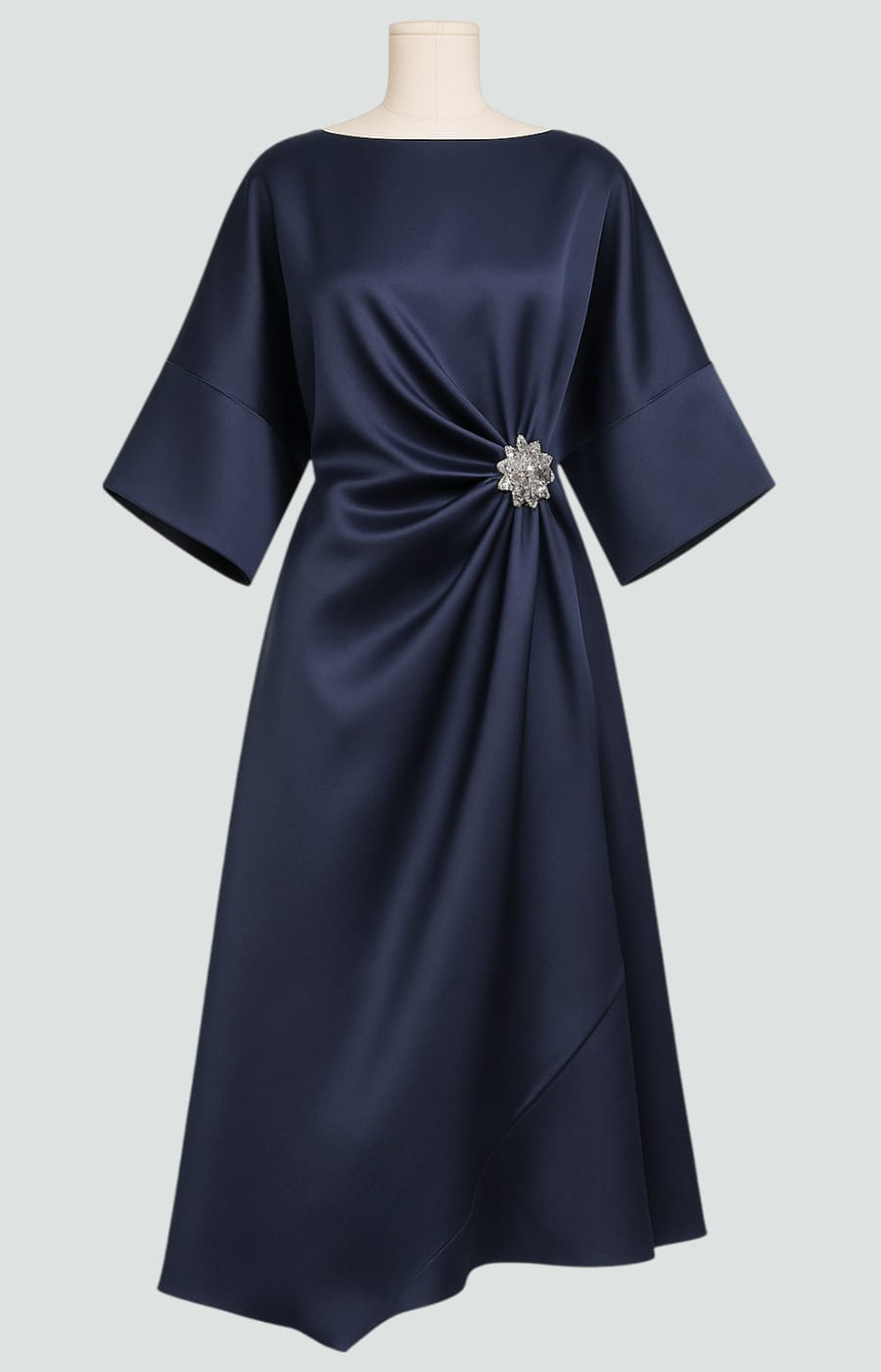Fiona – Satin Maxi Dress with Batwing Sleeves and Waist Brooch