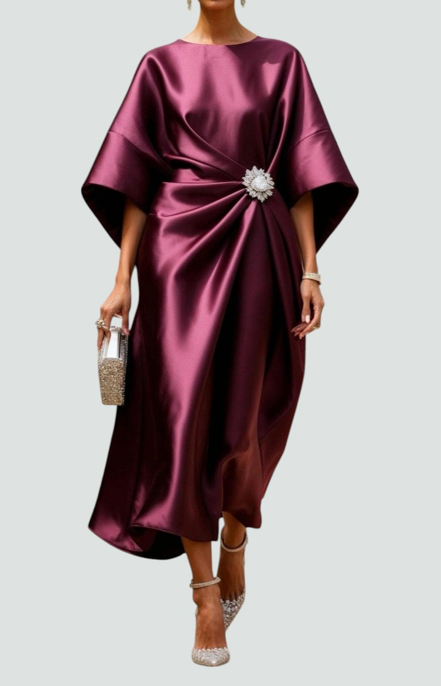 Fiona – Satin Maxi Dress with Batwing Sleeves and Waist Brooch