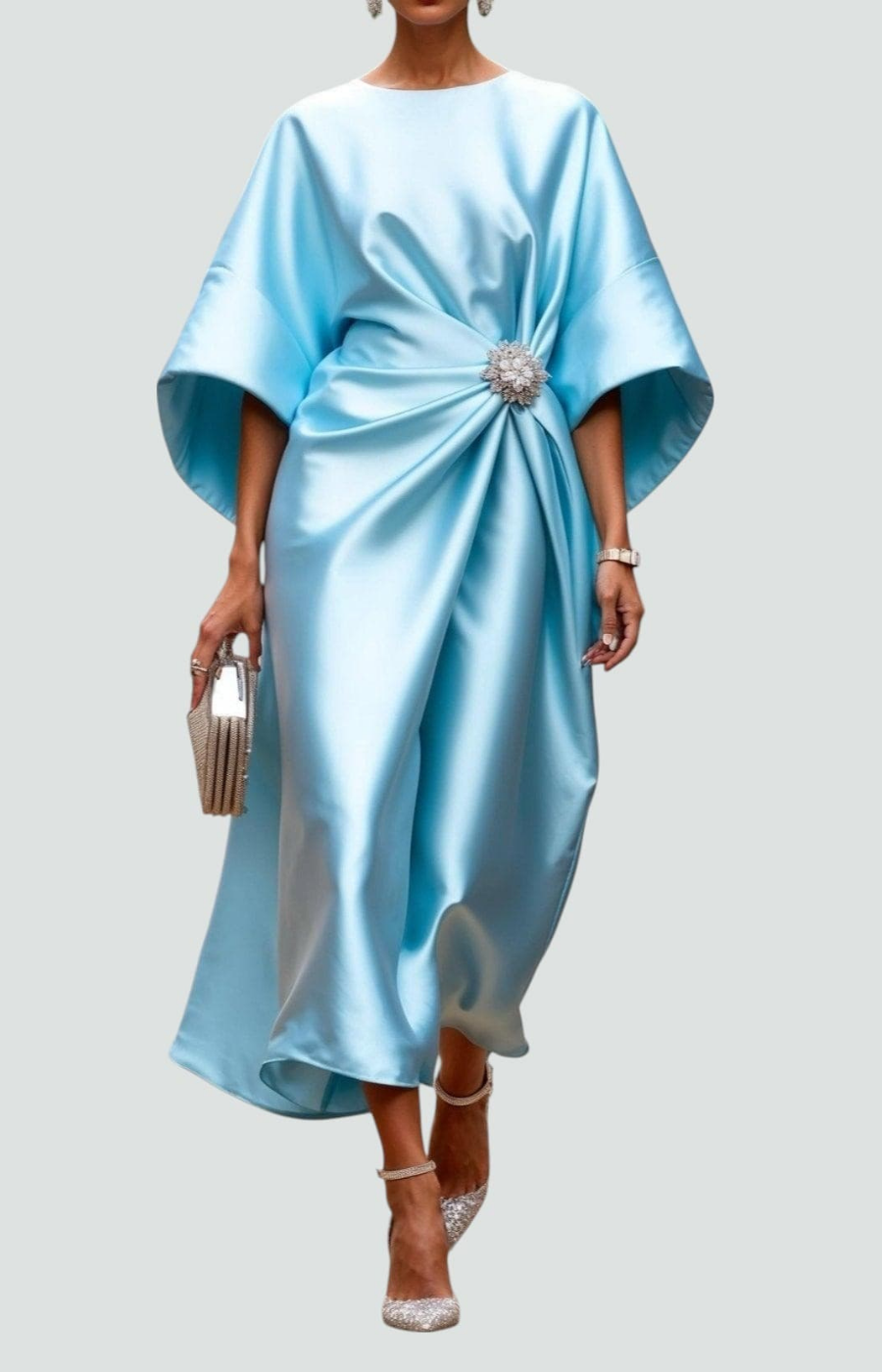 Fiona – Satin Maxi Dress with Batwing Sleeves and Waist Brooch