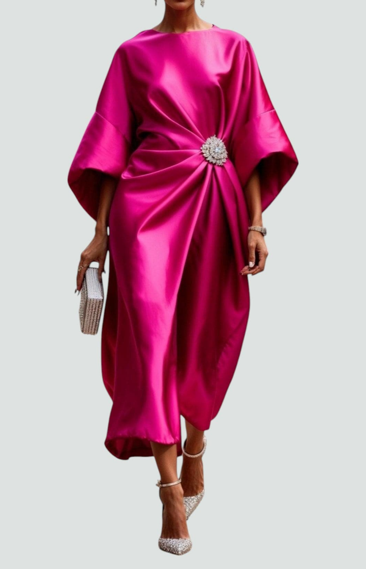 Fiona – Satin Maxi Dress with Batwing Sleeves and Waist Brooch