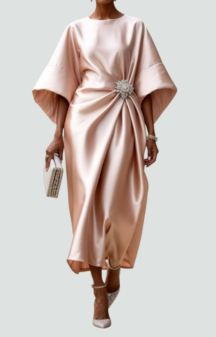 Fiona – Satin Maxi Dress with Batwing Sleeves and Waist Brooch