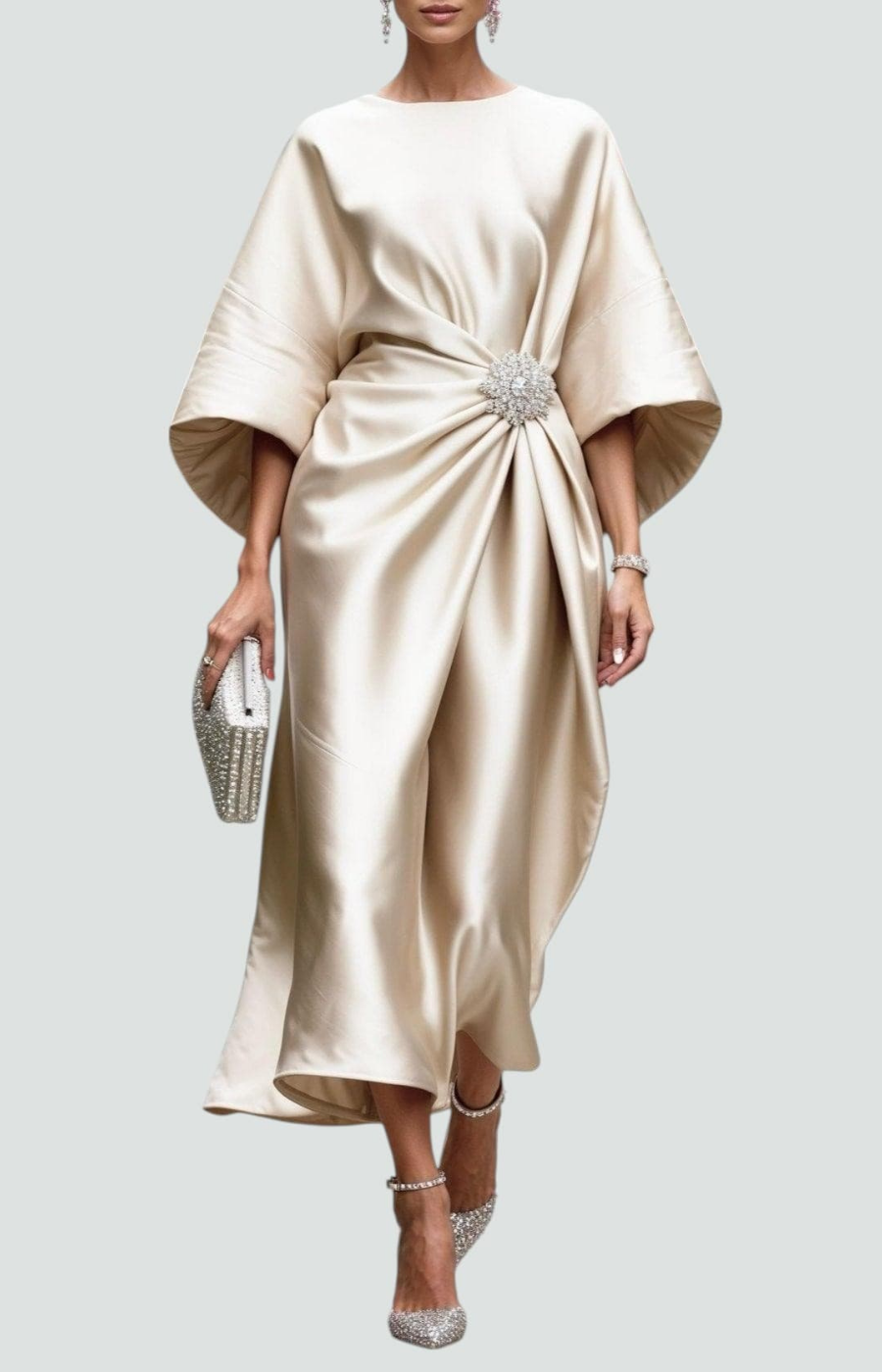 Fiona – Satin Maxi Dress with Batwing Sleeves and Waist Brooch