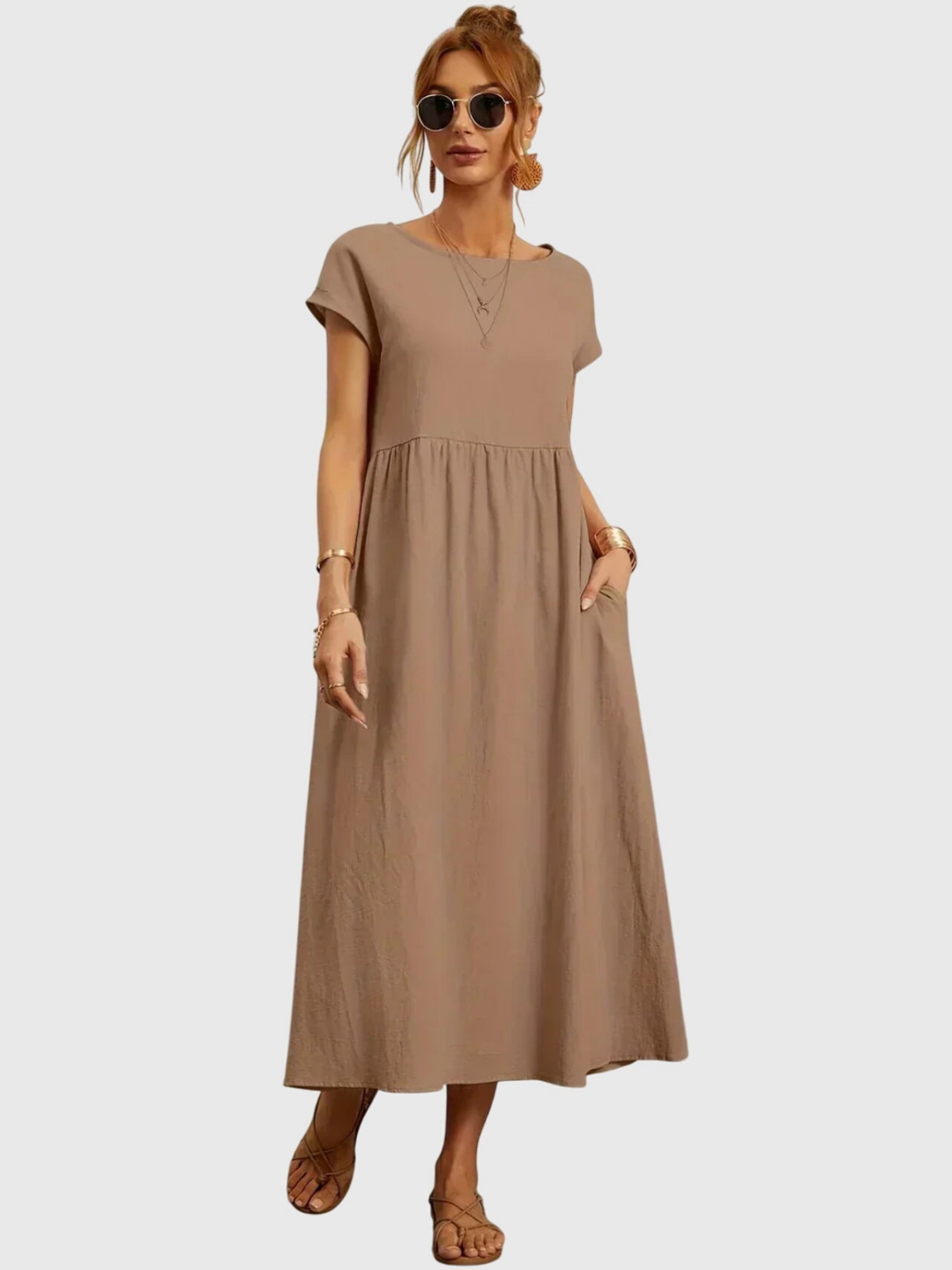 Demi – Linen Midi Dress with Gathered Waist and Round Neck
