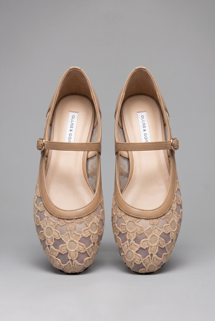 Hazel – Floral Lace Mesh Mary Jane Flats