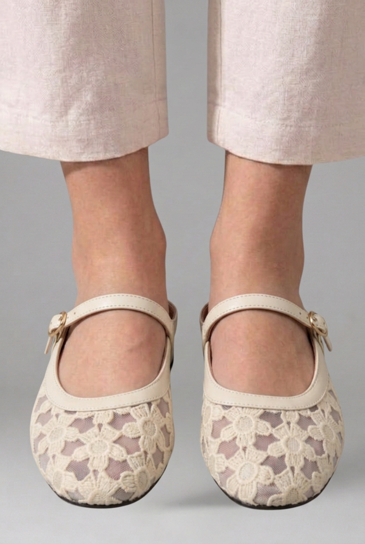 Hazel – Floral Lace Mesh Mary Jane Flats