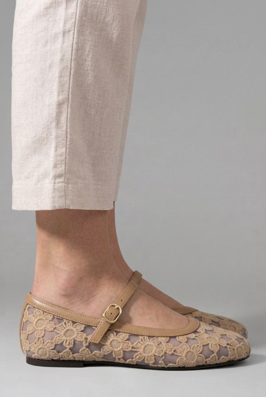 Hazel – Floral Lace Mesh Mary Jane Flats