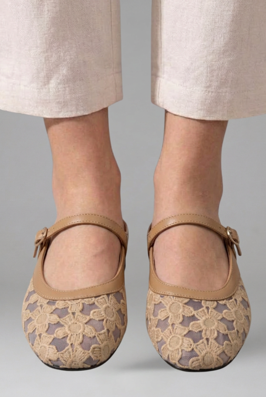 Hazel – Floral Lace Mesh Mary Jane Flats