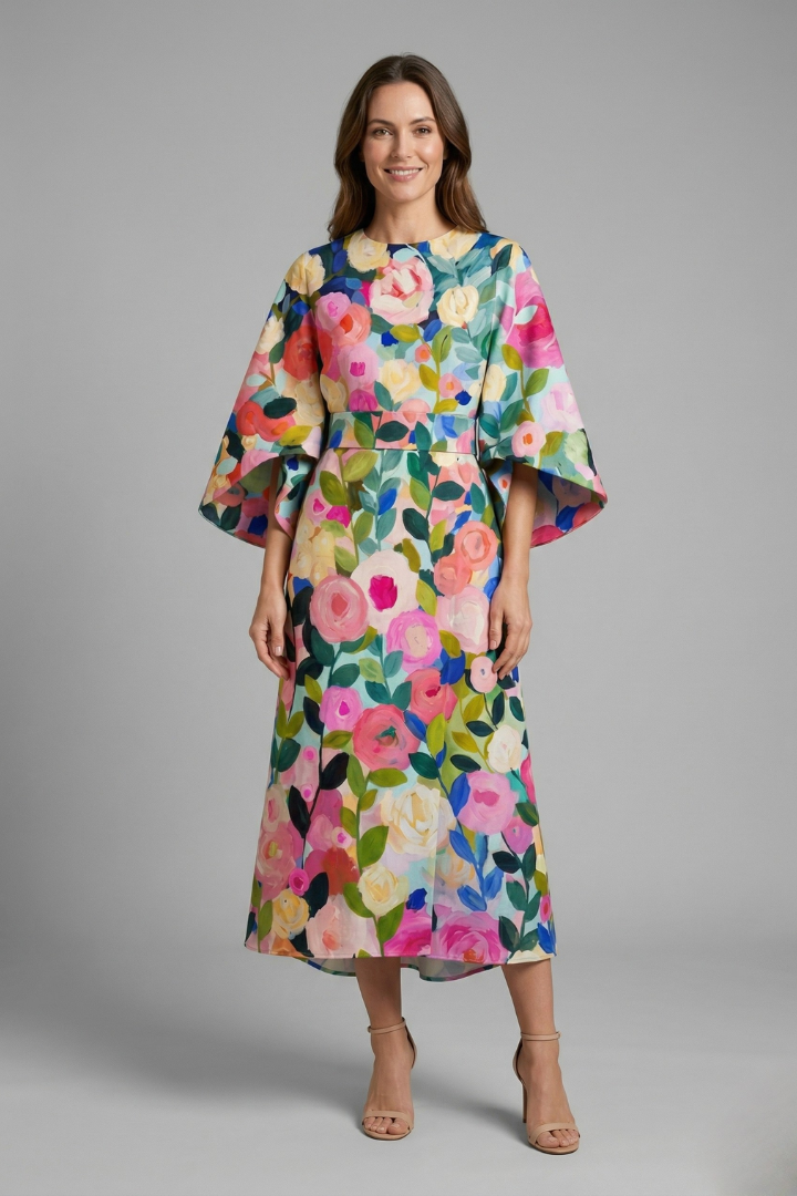 Nina – Round Neck Midi Dress with Wide Sleeves