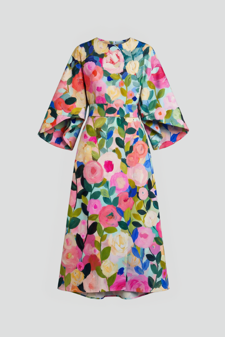 Nina – Round Neck Midi Dress with Wide Sleeves