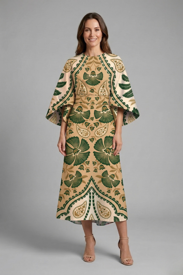 Nina – Round Neck Midi Dress with Wide Sleeves