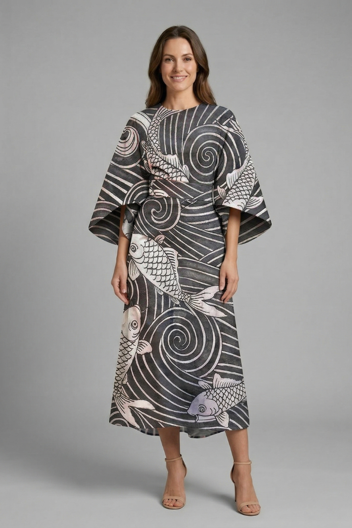 Nina – Round Neck Midi Dress with Wide Sleeves
