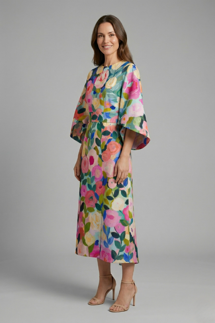 Nina – Round Neck Midi Dress with Wide Sleeves