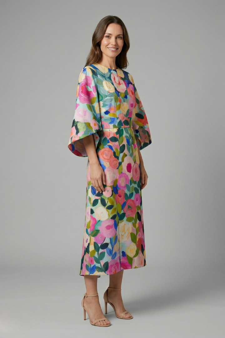 Nina – Round Neck Midi Dress with Wide Sleeves