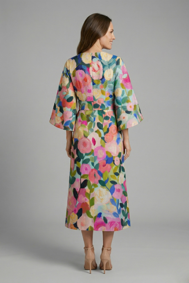 Nina – Round Neck Midi Dress with Wide Sleeves