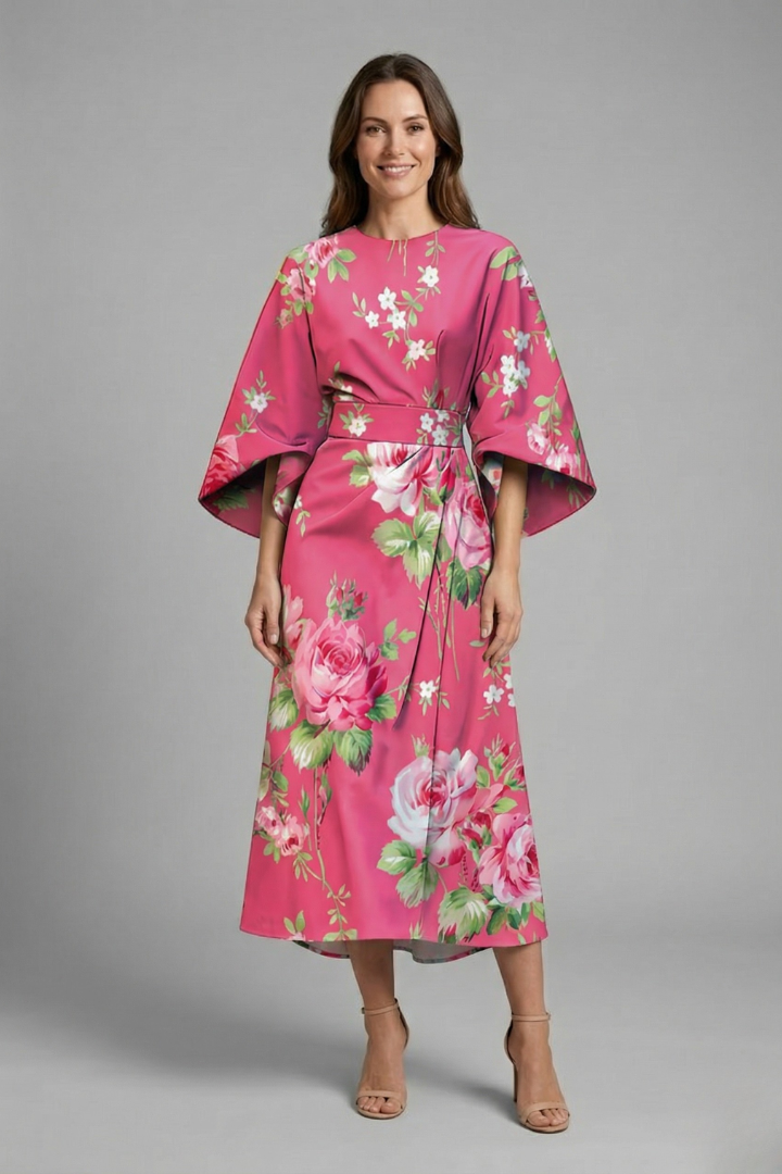 Nina – Round Neck Midi Dress with Wide Sleeves