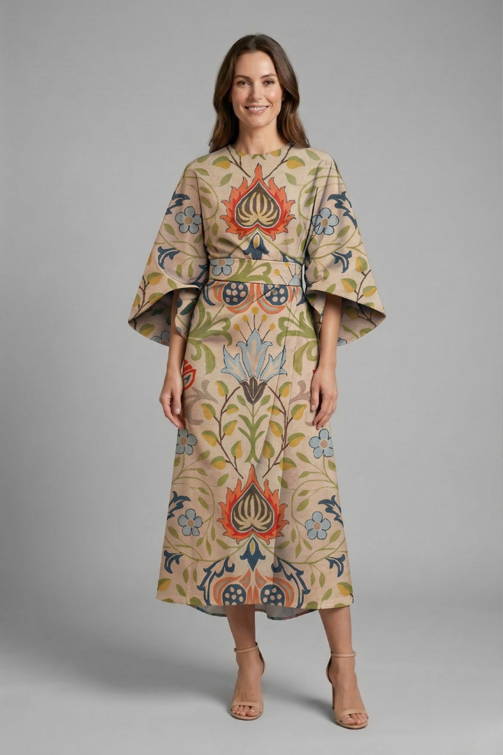 Nina – Round Neck Midi Dress with Wide Sleeves