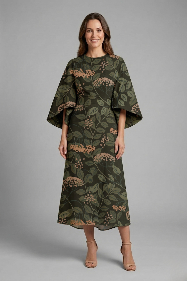 Nina – Round Neck Midi Dress with Wide Sleeves