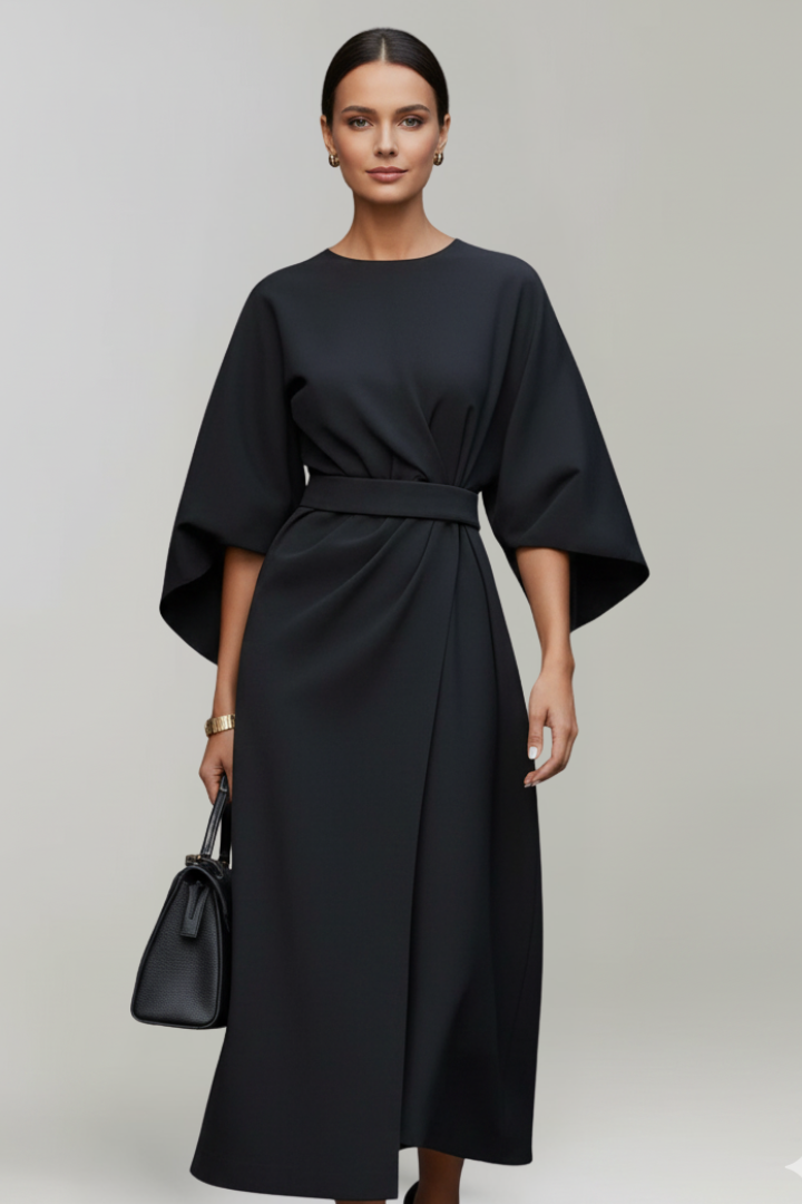 Daphne – Belted Midi Dress with Flared Sleeves
