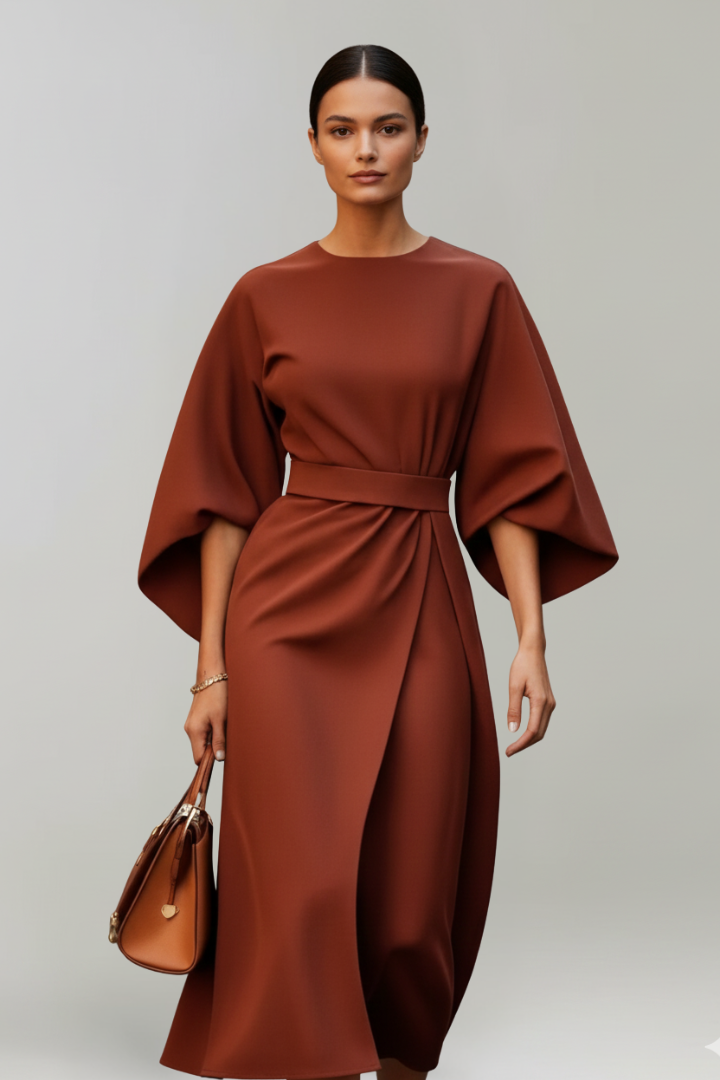 Daphne – Belted Midi Dress with Flared Sleeves